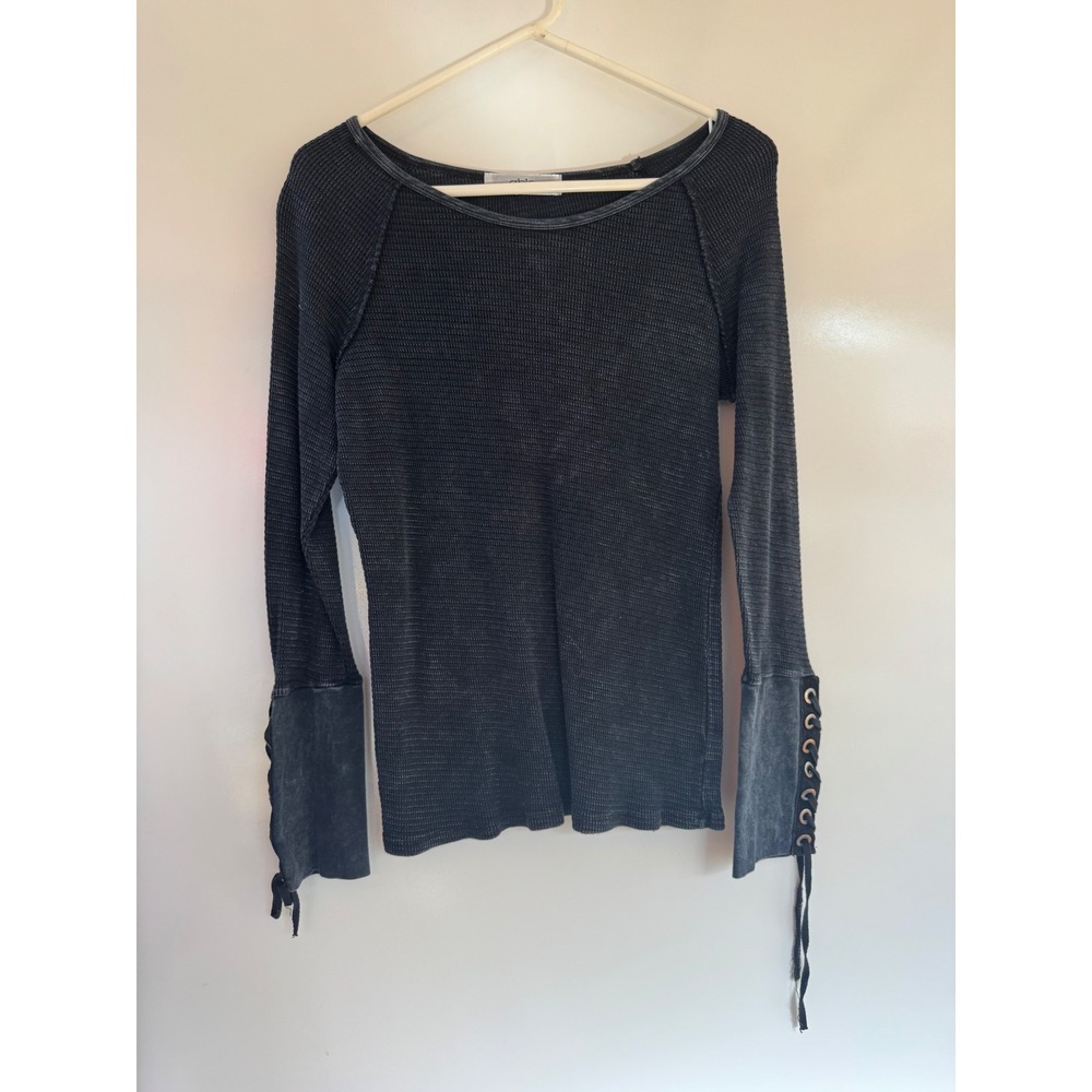 Able Women Charcoal Gray Waffle Knit Thermal Lace Up Cuff Top Large 117067